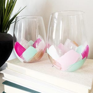 Pink Mint Gold Hand-painted Wine Glass | Summer Bachelorette Bridal Party Gift