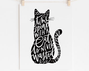 Sigmund Freud Cat Calligraphy Quote Illustration Print // cat lover gift