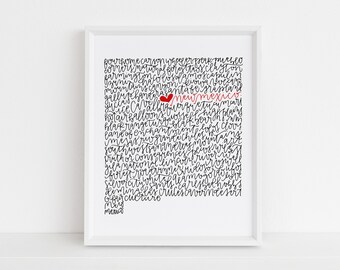 New Mexico Calligraphy Illustration Print // housewarming gift // hostess gift // bon voyage gift