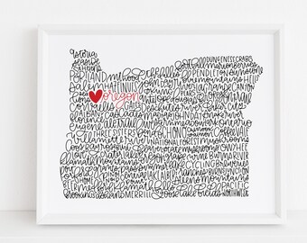 Oregon Calligraphy Illustration Print // housewarming gift // hostess gift // bon voyage gift