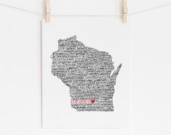 Wisconsin Calligraphy Illustration Print // housewarming gift // hostess gift // bon voyage gift
