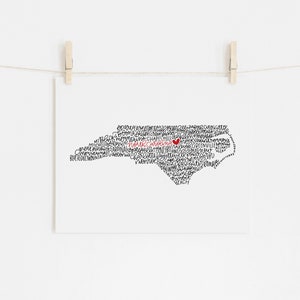 North Carolina Calligraphy Illustration Print // housewarming gift // hostess gift // bon voyage gift image 1
