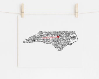 North Carolina Calligraphy Illustration Print // housewarming gift // hostess gift // bon voyage gift