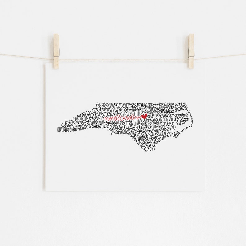 North Carolina Calligraphy Illustration Print // housewarming gift // hostess gift // bon voyage gift image 1