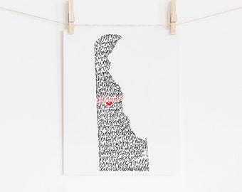 Delaware Calligraphy Illustration Print // housewarming gift // hostess gift // bon voyage gift