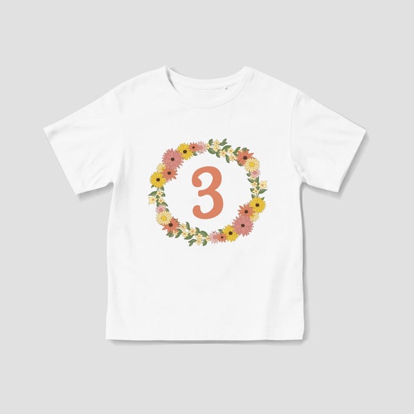 3 Today Retro Vintage Style Floral Tshirt, Girls Flowers 3rd Birthday Top