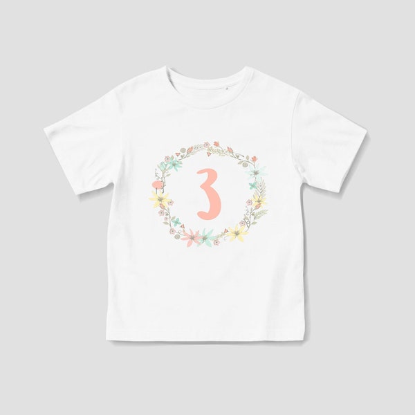 Pink Girl's 3rd Birthday Shirt, Three Today Tshirt, 3 Birthday Outfit, Floral Birthday Top, Kids Age T-Shirt, Girl Gift, Toddler Clothing