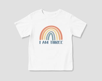 I Am Three - Rainbow Toddler Birthday T-Shirt, Multicolour Clothing, Bright Cake Smash Outfit, Unisex Top, 3rd Birthday Gift, 3 Party Tee