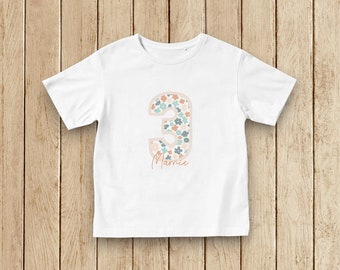 3rd Birthday Girl's Personalised Top, Custom Floral 3 T-Shirt, Flower Number Print Tshirt, Kid's T-Shirt with Name - Other Ages Available