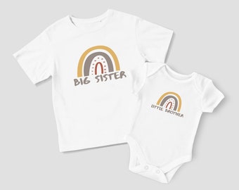 Rainbow Sibling Gift Set, Big Sister Tshirt, Little Brother Bodysuit Outfit, Subtle Muted Colours, Cotton Baby Clothing, Birth Announcement