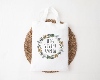 Personalised Big Sister Floral Bag - Custom Kid's Toddler's Small Cotton Mini Tote - Sibling Gift - Birth Announcement - New Pregnancy Gift