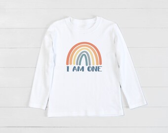 Unisex First Birthday Top, Rainbow Baby Party Tshirt, I Am One, 1 Today, Long Sleeve