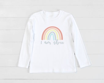 Pastel Rainbow 3 Year Old Birthday Tshirt, Unisex Three Today Top, I am 3 T Shirt, Boy or Girl 3rd Birthday Outfit, Long Sleeved