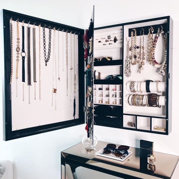 Black - "Mirror" Frame Wall Mounted Jewelry Organizer