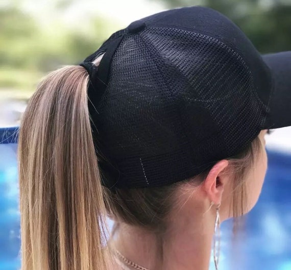 Cc Hat High Ponytail Hats Navy With Rhinestones Messy Bun Etsy