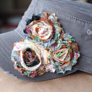 Gray Distressed Cadet Hat: Shabby Chic Floral Cap