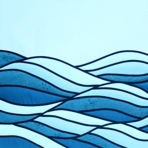 May include: Abstract artwork depicting ocean waves in various shades of blue. The waves are outlined in black and have a textured appearance with subtle speckles. The background is a light blue, creating a sense of depth and tranquility.