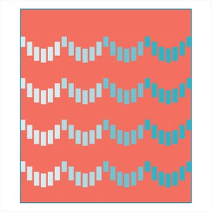 May include: An abstract pattern of four rows of blue and white rectangles on a coral background. The rectangles are arranged in a wavy pattern, with the blue rectangles becoming more prominent in each row.