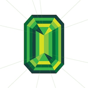 May include: A green emerald-shaped gemstone with a faceted design. The gemstone is surrounded by a white background with green dashed lines radiating outward.