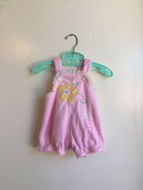 VTG Baby Girl Romper Pink Terry Cloth Sun Suit Sz