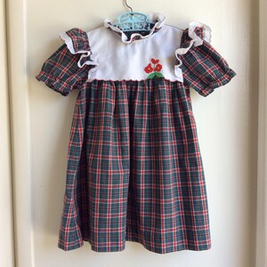 VTG Girl Dress Holiday Christmas Sz 4-5Y Plaid Flowers Red Green