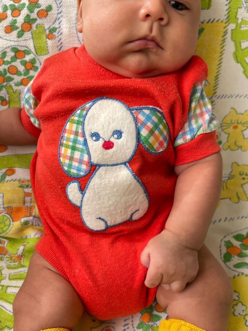 Puede incluir: Un beb&eacute; con un mono rojo con un cachorro blanco bordado en la parte delantera. El cachorro tiene orejas a cuadros y una nariz roja.