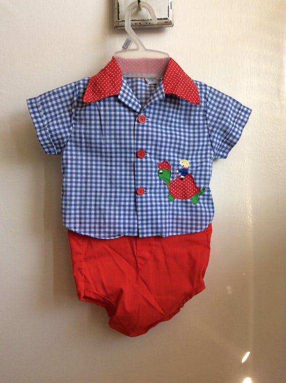 VTG Baby Boy Outfit Turtle Blue Gingham Red sz 6M