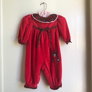 Vintage Romper Christmas Holiday Winter Velour Pants Teddy Bear