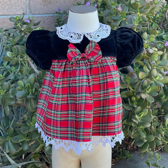 Vintage Rare Editions Dress Sz 3/6M Velvet Red Plaid Christmas