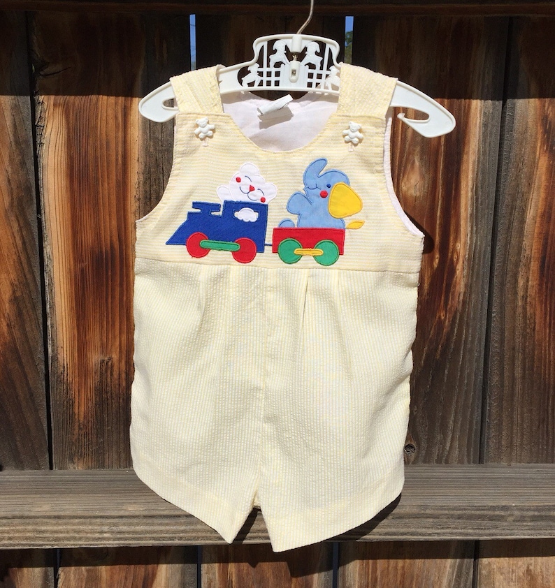 VTG Baby Boy Yellow Romper Circus Sz 3-6M Stripes Jon Jon Train