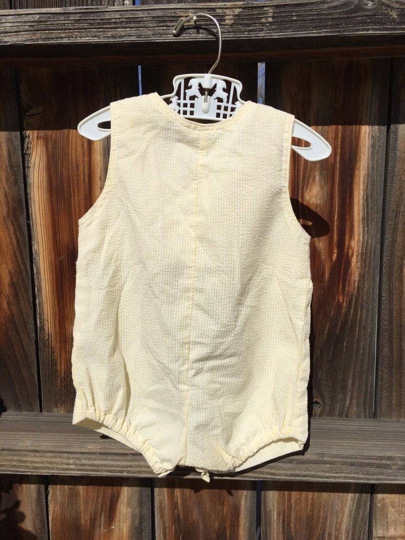 VTG Baby Boy Yellow Romper Circus Sz 3-6M Stripes Jon Jon Train