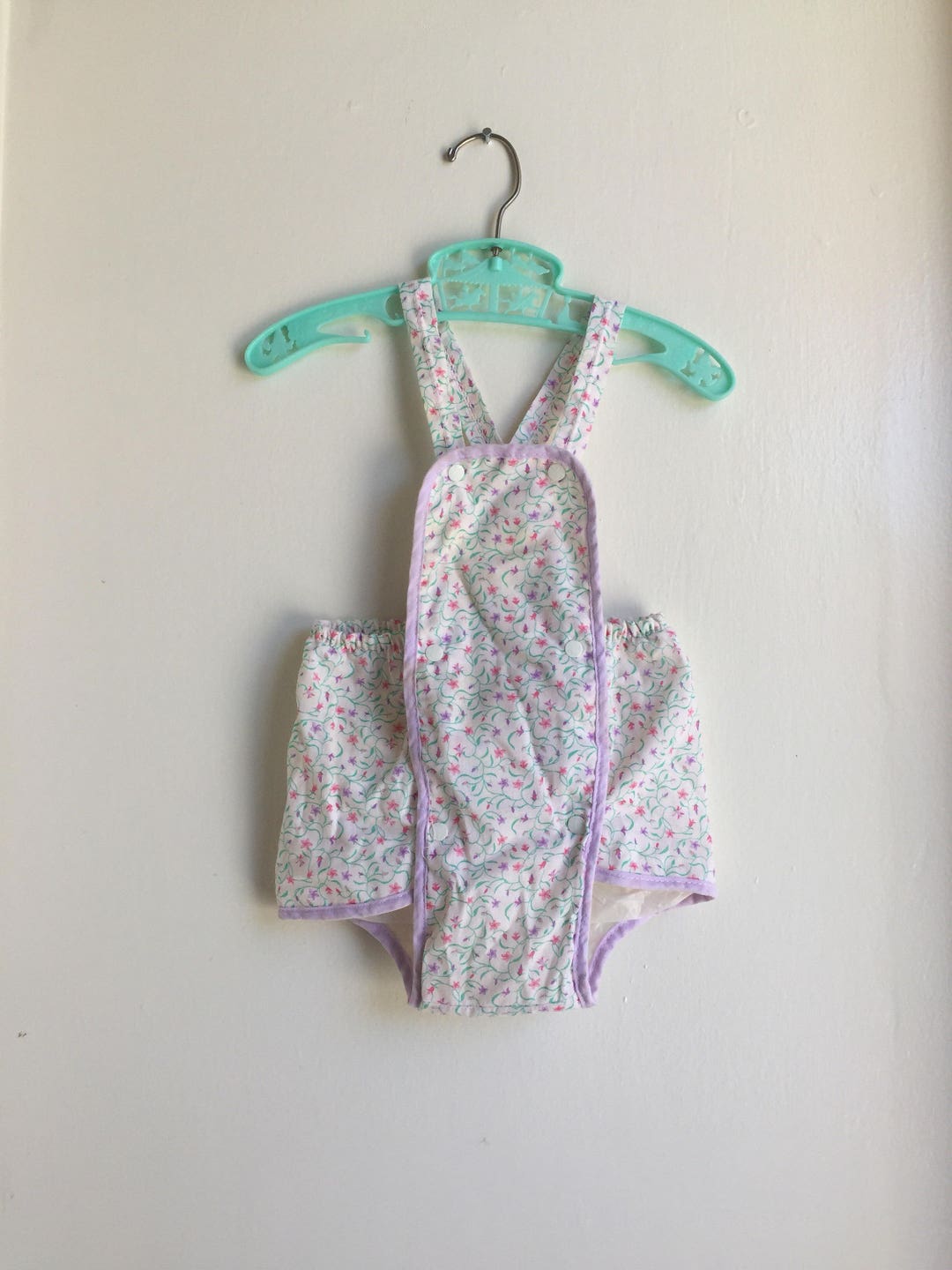 VTG Animal Crackers Baby Girl Overalls Romper White Purple Flowers Sz