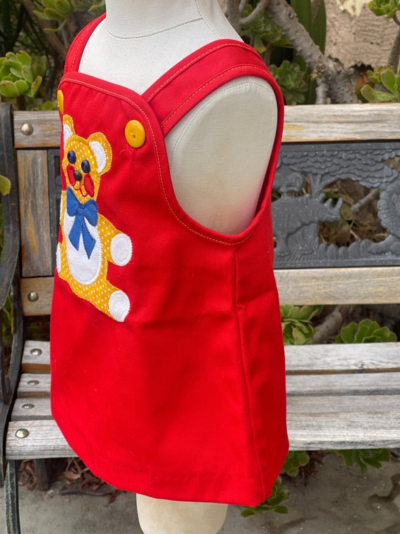 VTG Baby Girl Red Teddy Bear Overalls Dress Sz 12… - image 4