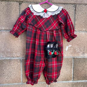 Vintage Baby Girl Romper Red Plaid Suit & Shoes Holiday Sz 6/9M NEW