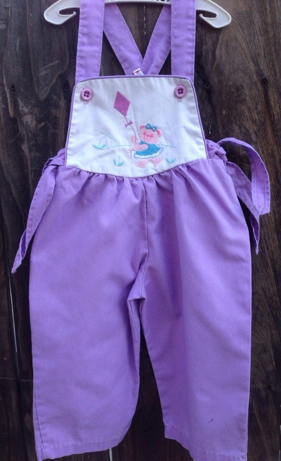 VTG HealthTex Girl Purple Overalls Bear Kite Sz 3T