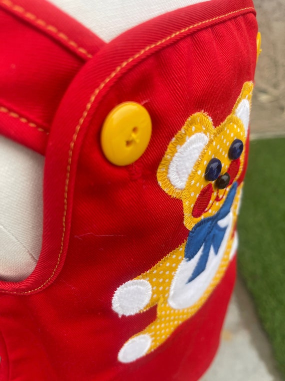 VTG Baby Girl Red Teddy Bear Overalls Dress Sz 12… - image 6