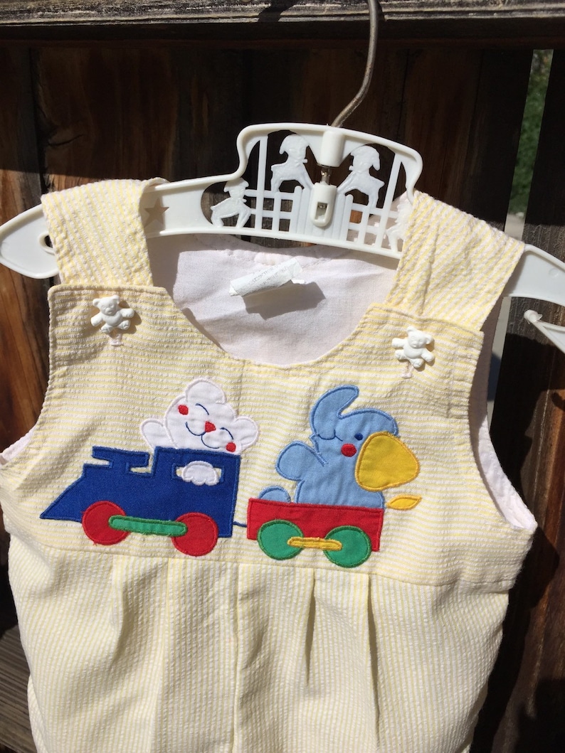 VTG Baby Boy Yellow Romper Circus Sz 3-6M Stripes Jon Jon Train