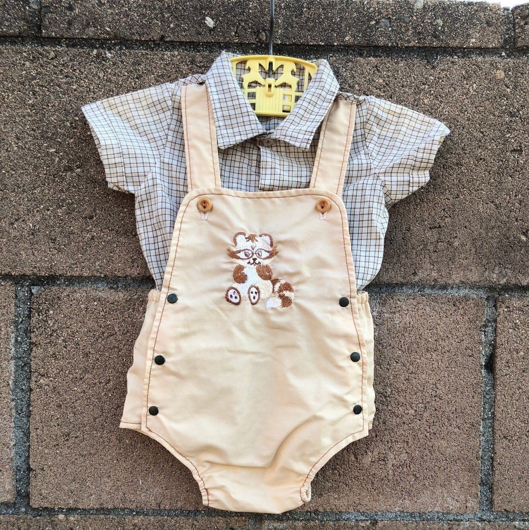 Vintage Baby Boy Romper Brown Raccoon Plastic Pants Sz 03M Etsy