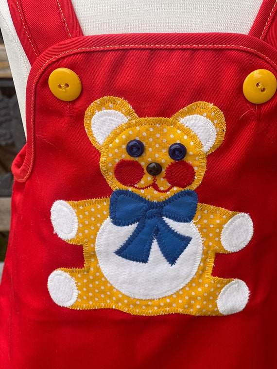 VTG Baby Girl Red Teddy Bear Overalls Dress Sz 12… - image 2