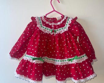 Vintage Red Christmas Holiday Dress White Lace Green Flowers Sz 12M Party