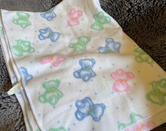 Vintage Springmaid Fleece Receiving Blanket Pastel Teddy Bears Retro