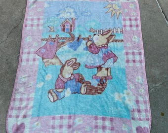 Vintage San Marcos Baby Mexican Crib Blanket Pink Bunny Rabbit House Plush