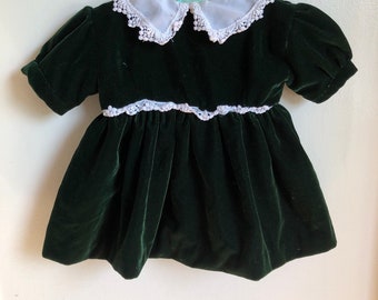 Vintage Baby Girl Velvet Green Dress Handmade Sz 12M