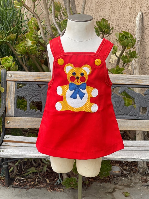 VTG Baby Girl Red Teddy Bear Overalls Dress Sz 12/