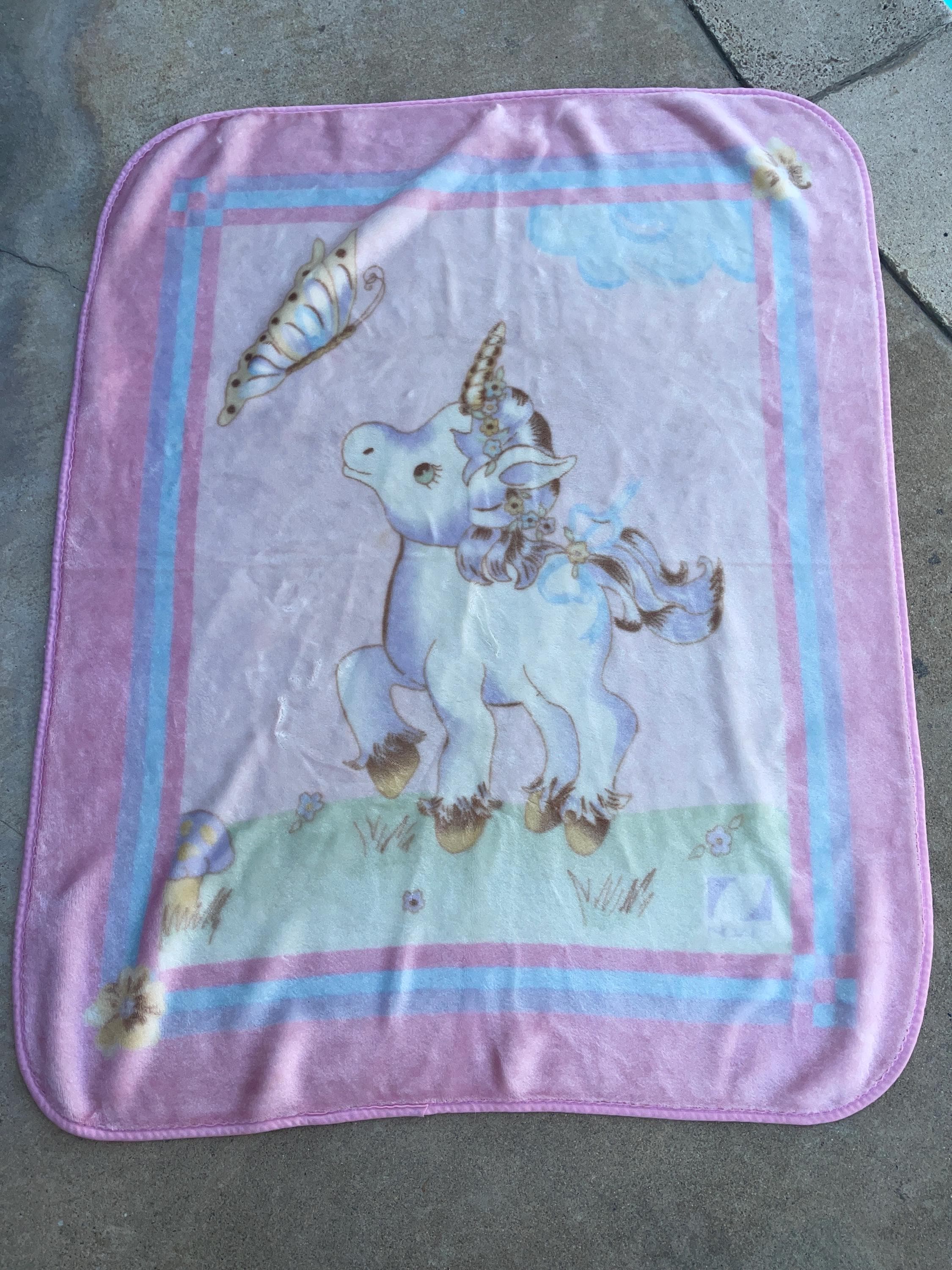 Vintage Novatex Baby Crib Blanket Pink Unicorn Butterfly Plush