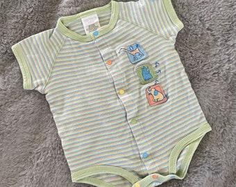 Vintage Carter’s John Lennon Shorts  Romper Overalls Sz 3/6M - 9/12M Striped Green Elephant Giraffe