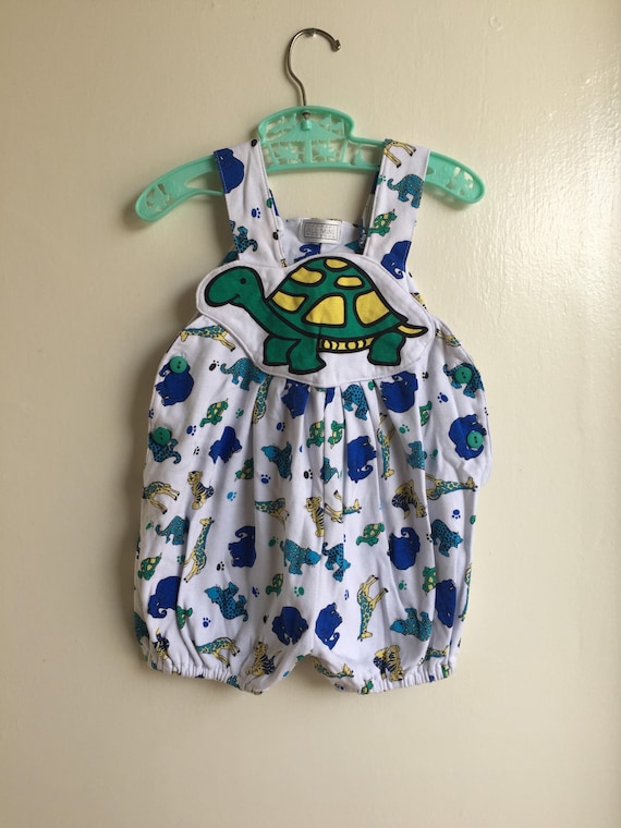 VTG All Mine Baby Boy Overalls Romper Turtle Zoo … - image 1