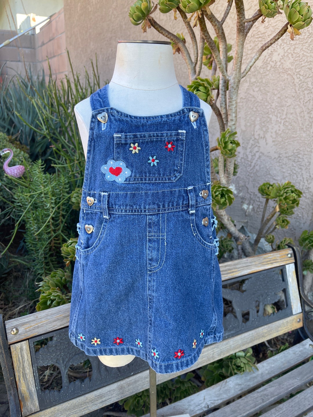 VTG No Kidding Baby Girl Embroidered Jean Overalls Dress Sz 12/18M