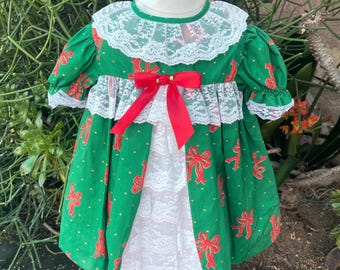 Vintage KRISTIN B. Dress Green Red Bows Holiday Christmas Party Sz 12/18M