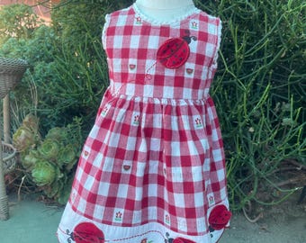 Vintage BLUEBERi Baby Girl Dress  Red Gingham Sz 12/18M Strawberry Ladybugs Flowers